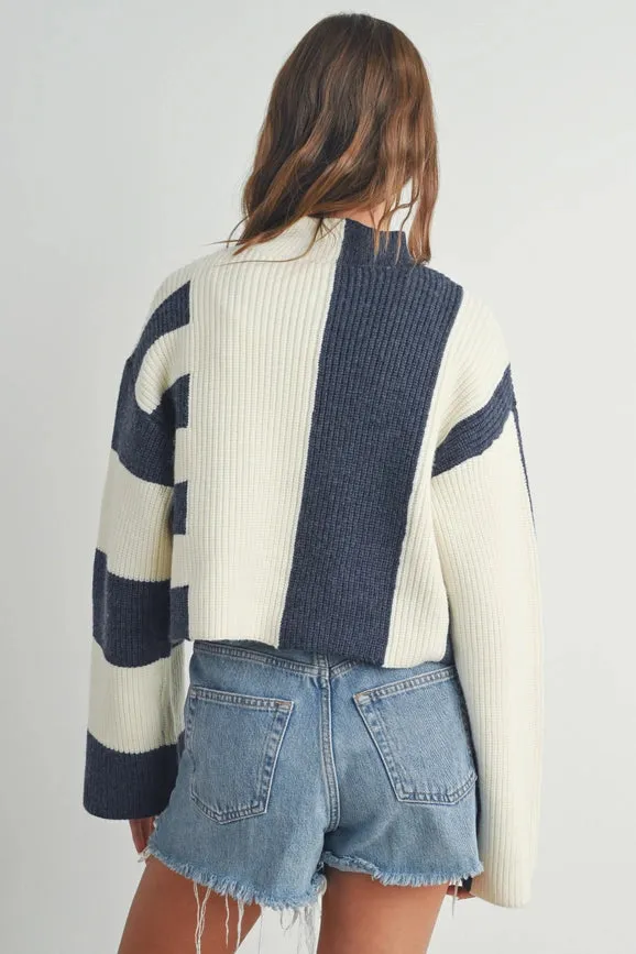 Color Block Mock Turtleneck Sweater NAVY / IVORY