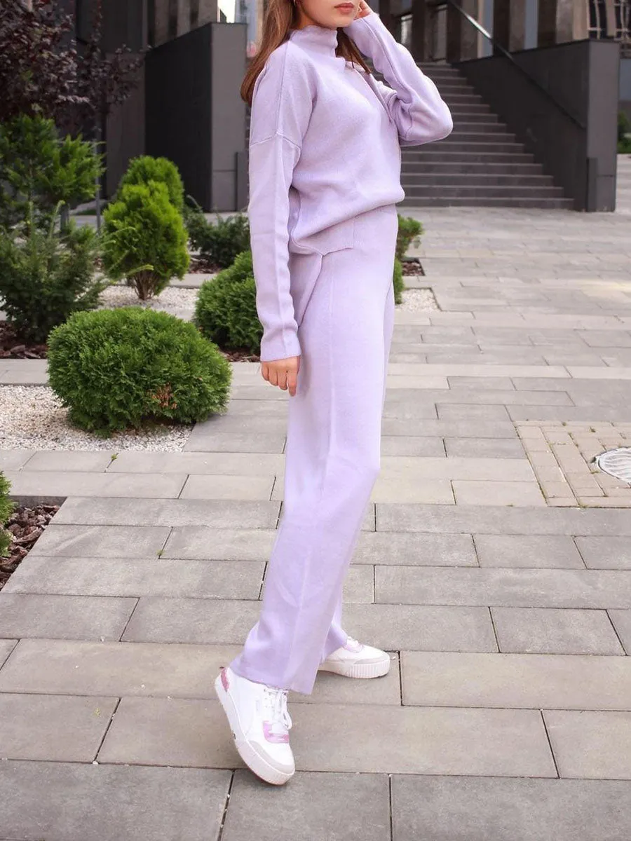 Cosy Solid Color Turtleneck Knit Set