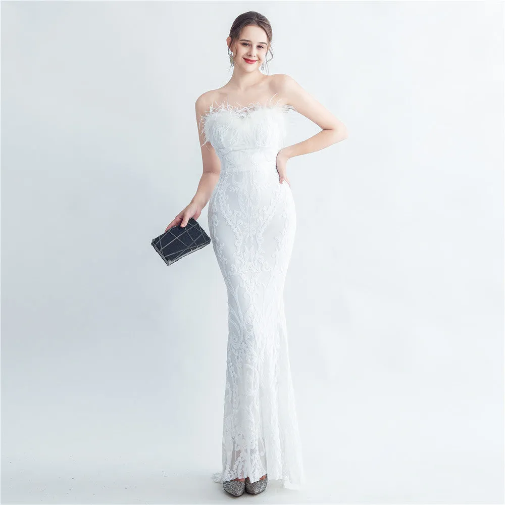 Craft Order Ostrich Feather High End Tube Top Evening Dress