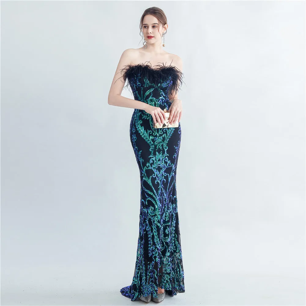Craft Order Ostrich Feather High End Tube Top Evening Dress