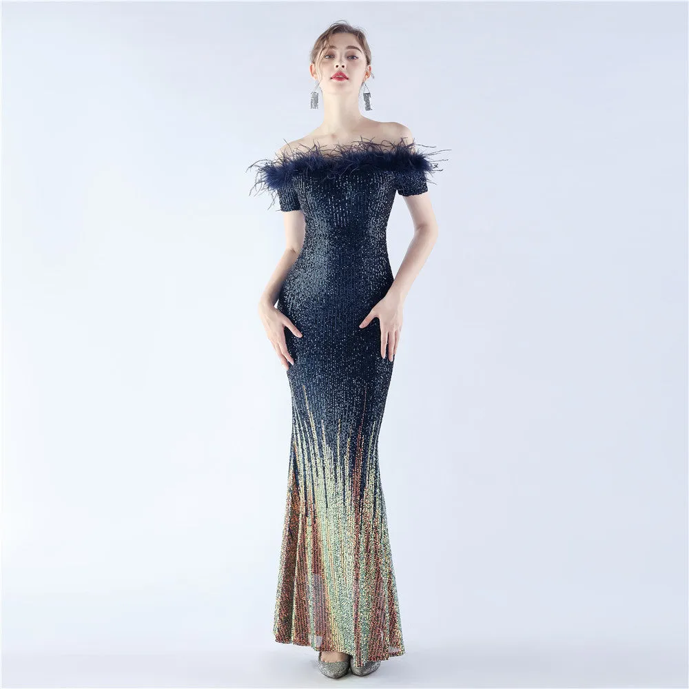 Craft Ostrich Feather Gradient Sequin off Shoulder High End Evening Dress