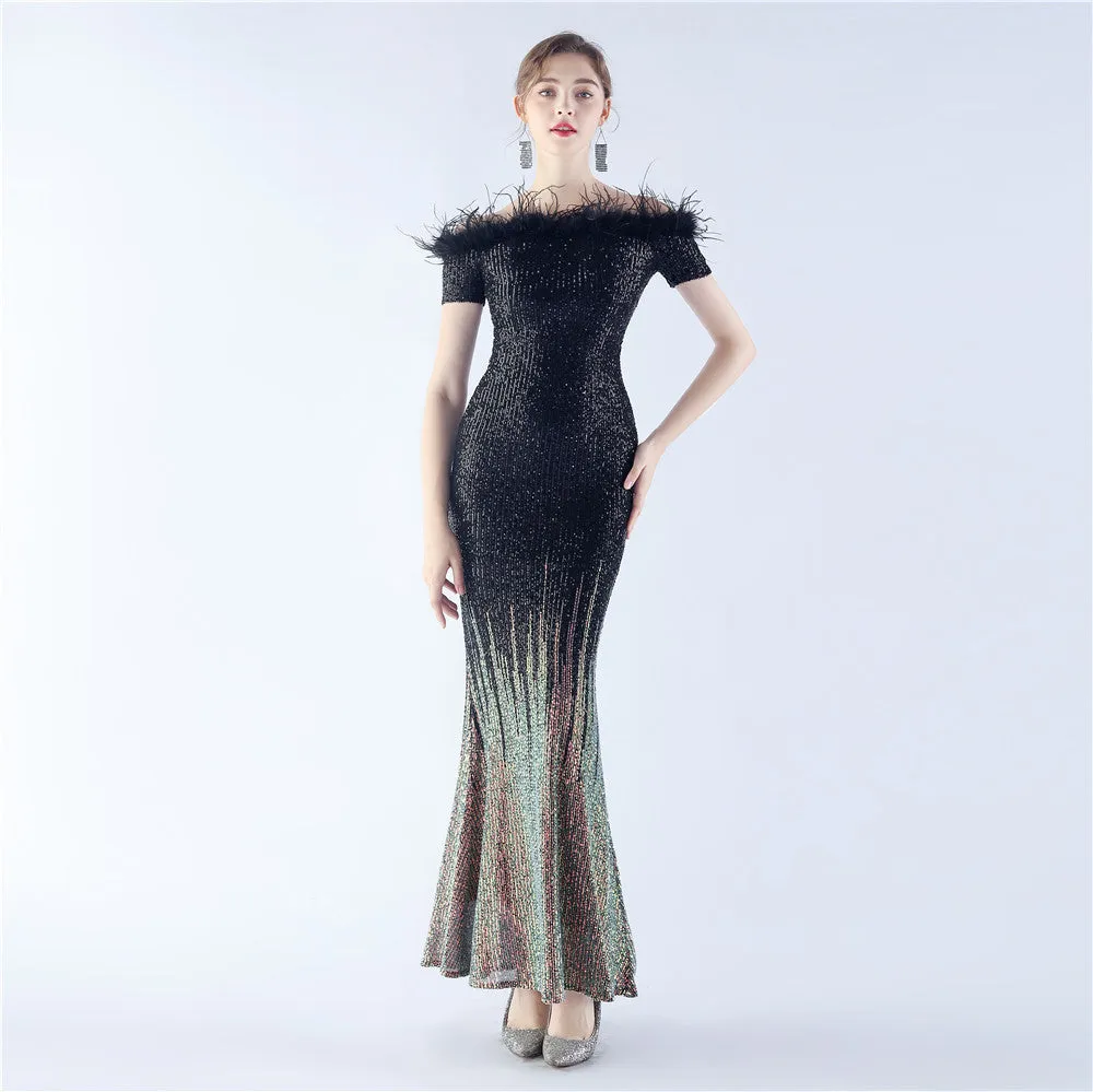 Craft Ostrich Feather Gradient Sequin off Shoulder High End Evening Dress