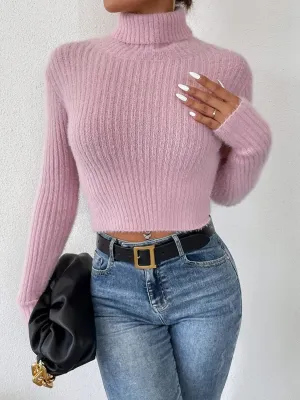 Cropped Ribbed Turtleneck Long Sleeve Sweater