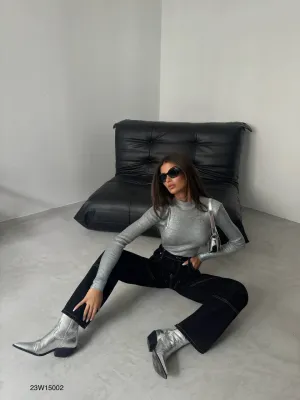 Deana Turtleneck Metallic Knitted Top In Silver