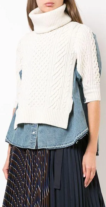 Denim Shirt Panel Turtleneck Sweater