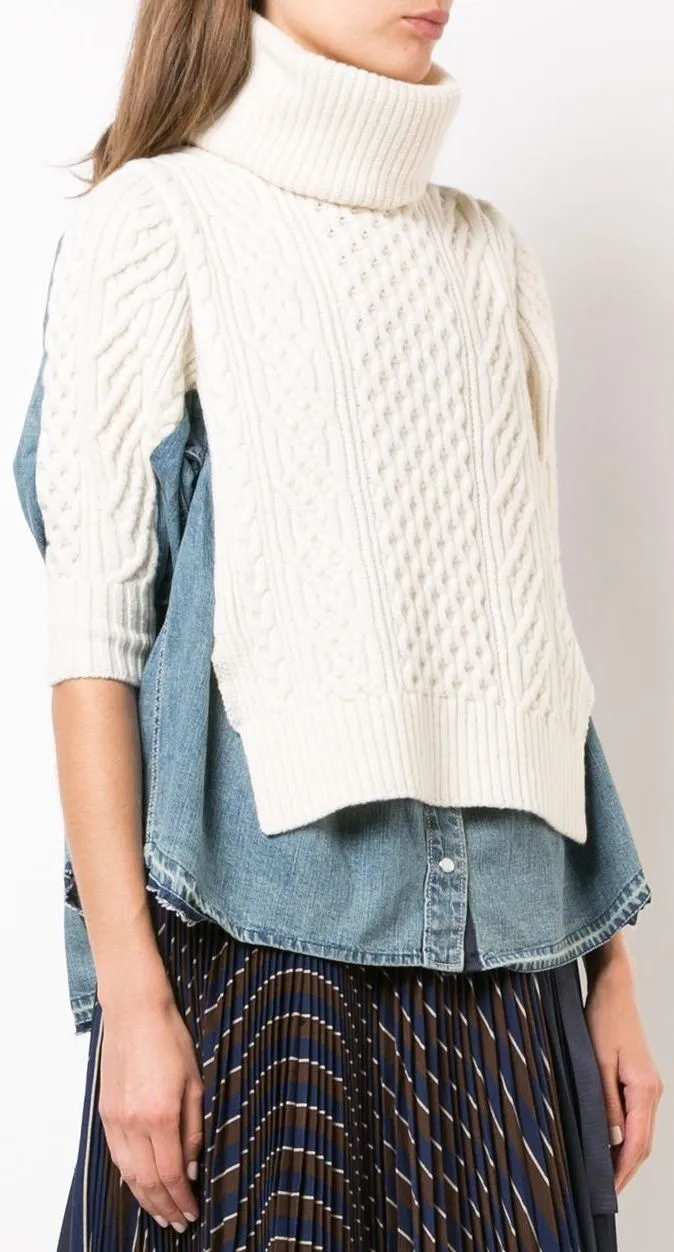 Denim Shirt Panel Turtleneck Sweater