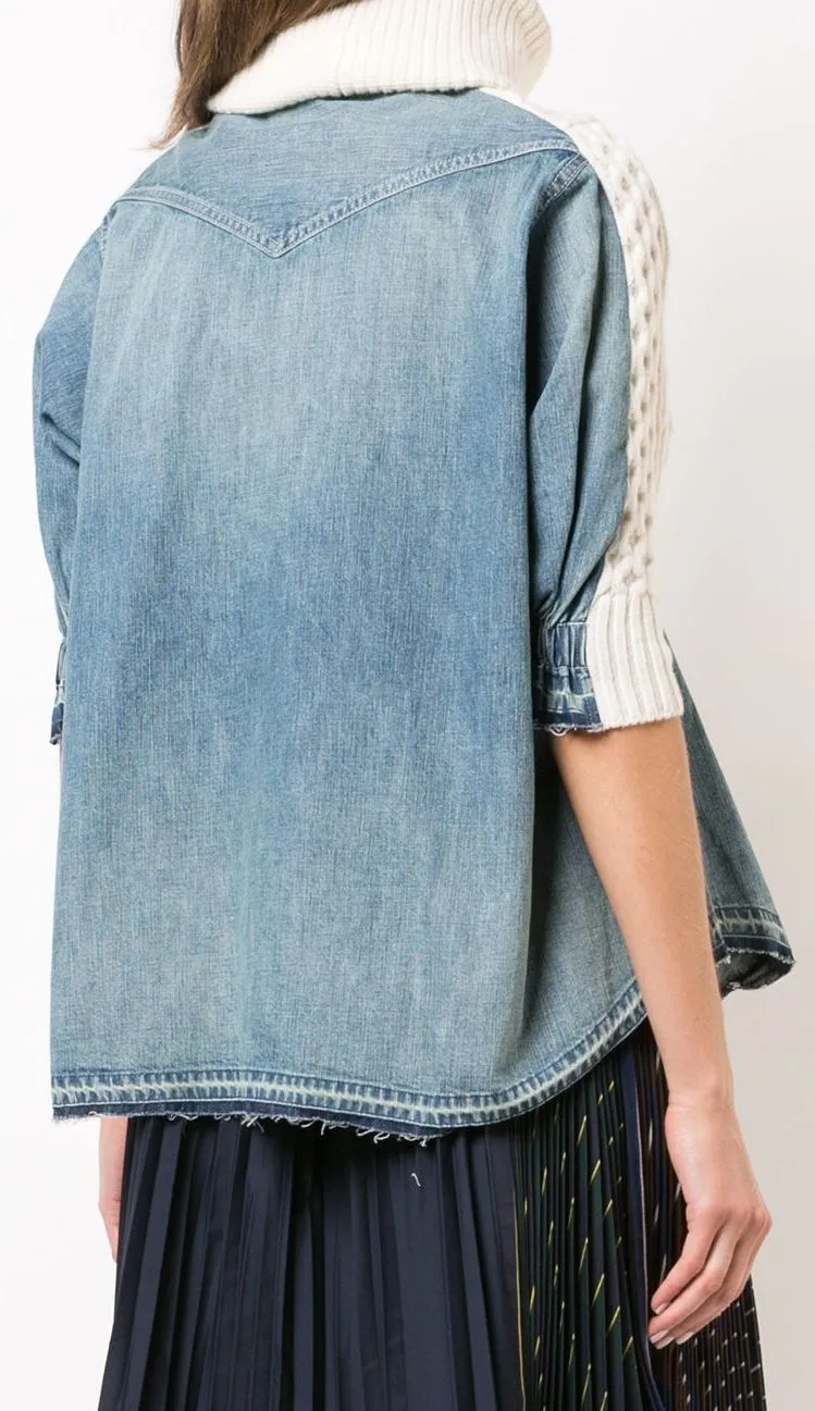 Denim Shirt Panel Turtleneck Sweater