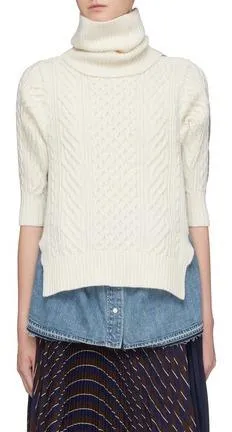 Denim Shirt Panel Turtleneck Sweater