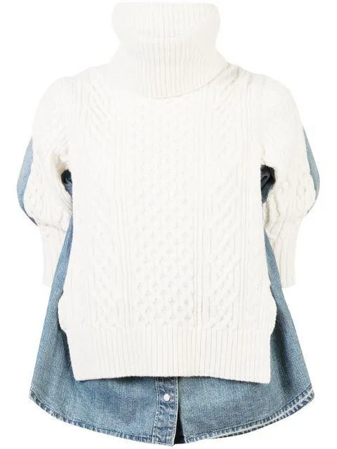 Denim Shirt Panel Turtleneck Sweater