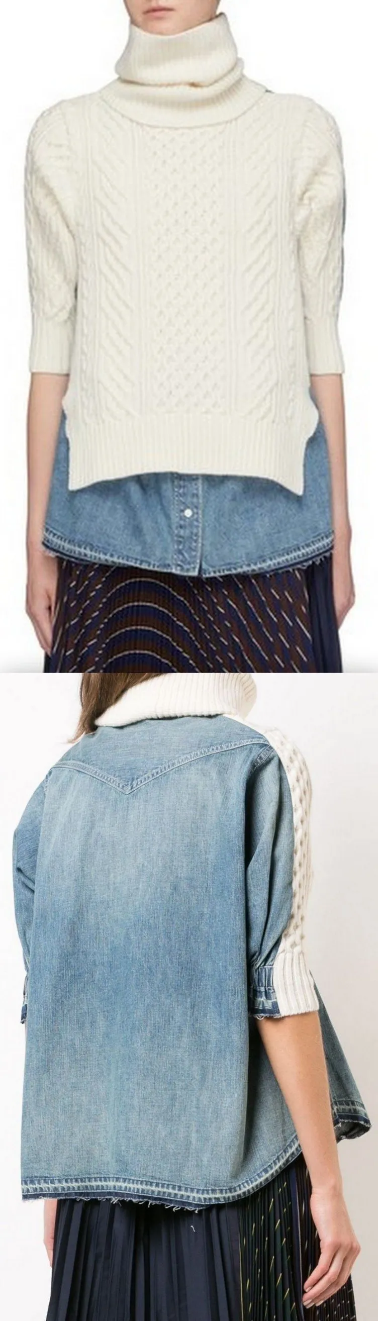 Denim Shirt Panel Turtleneck Sweater
