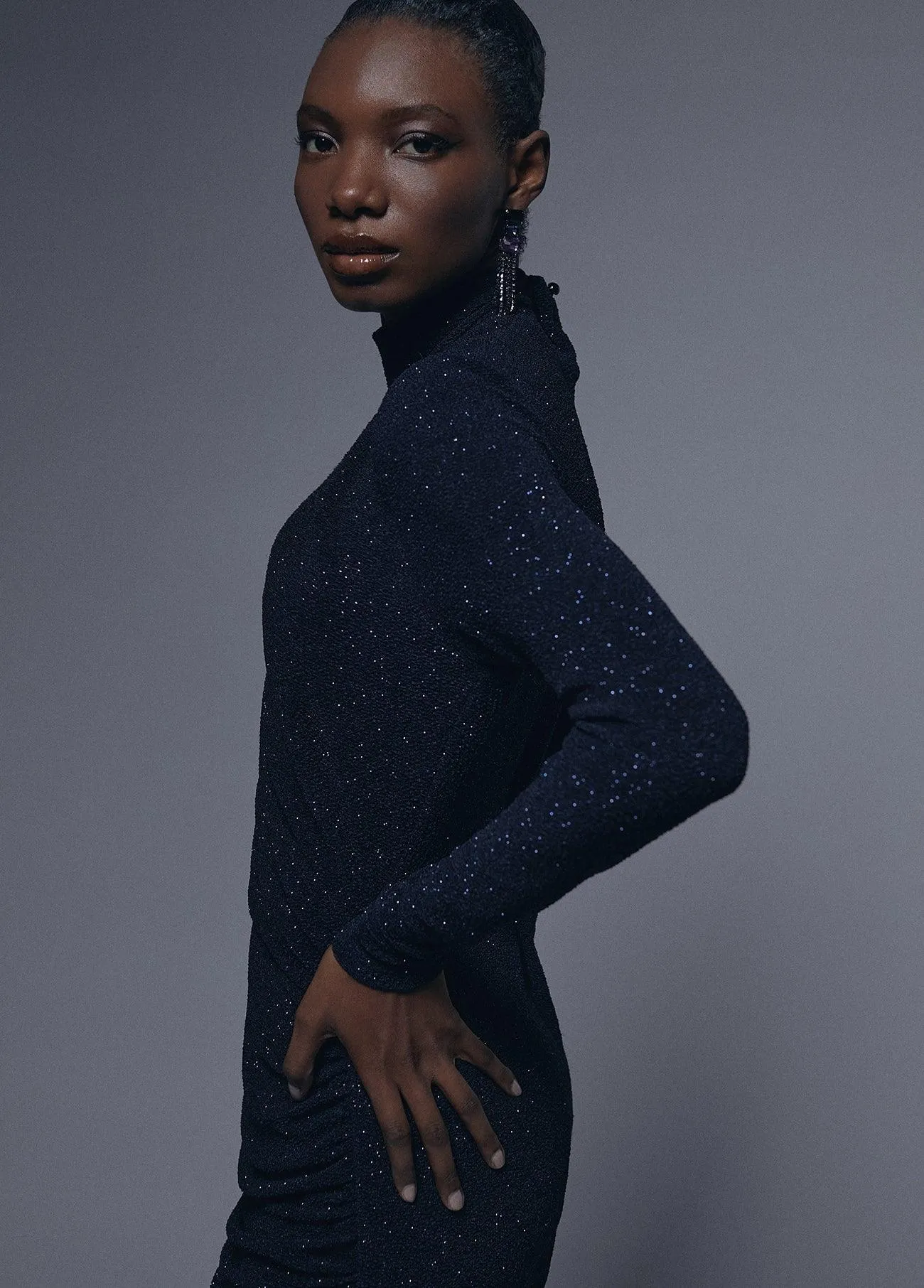Draped dress with shoulder pads detail