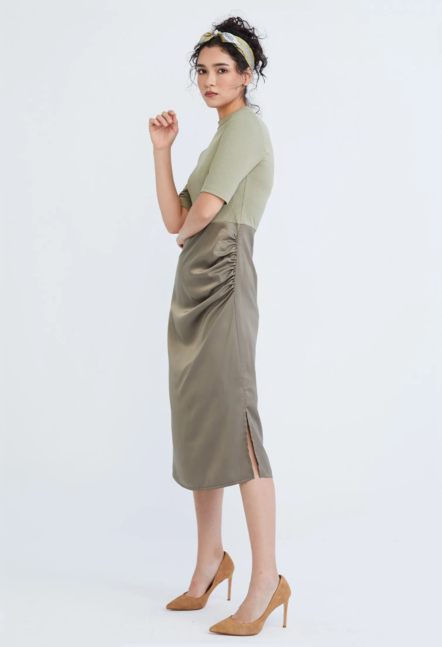 Dual Fabric Turtleneck Sheath Dress
