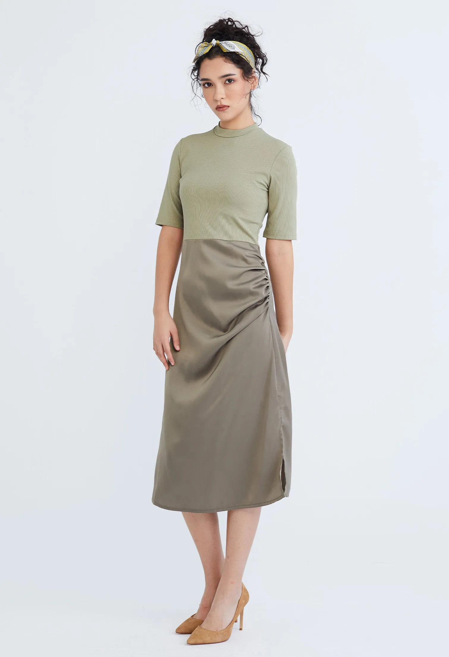 Dual Fabric Turtleneck Sheath Dress