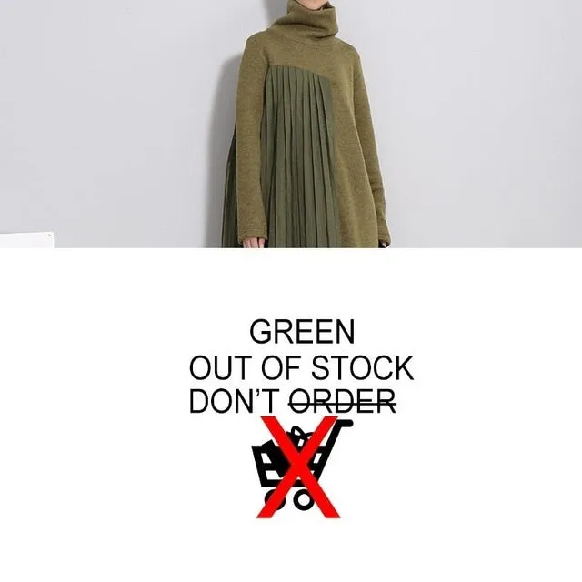 [EAM] 2019 New Spring  winter High Collar Long Sleeve Solid Color Army Green Pleated Split Joint Dress Women Fashion Tide JD371
