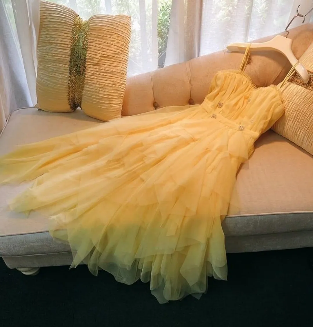 EG-SALE-AME-00100 Yellow evening gown tube top new high-end luxury niche celebrity wedding dress French high-end wedding dress