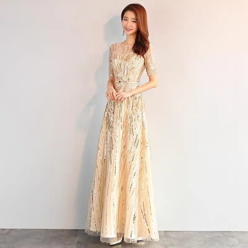 EG-SALE-AME-00102 Banquet evening dress female host champagne color temperament light luxury niche high-end high-end birthday dress