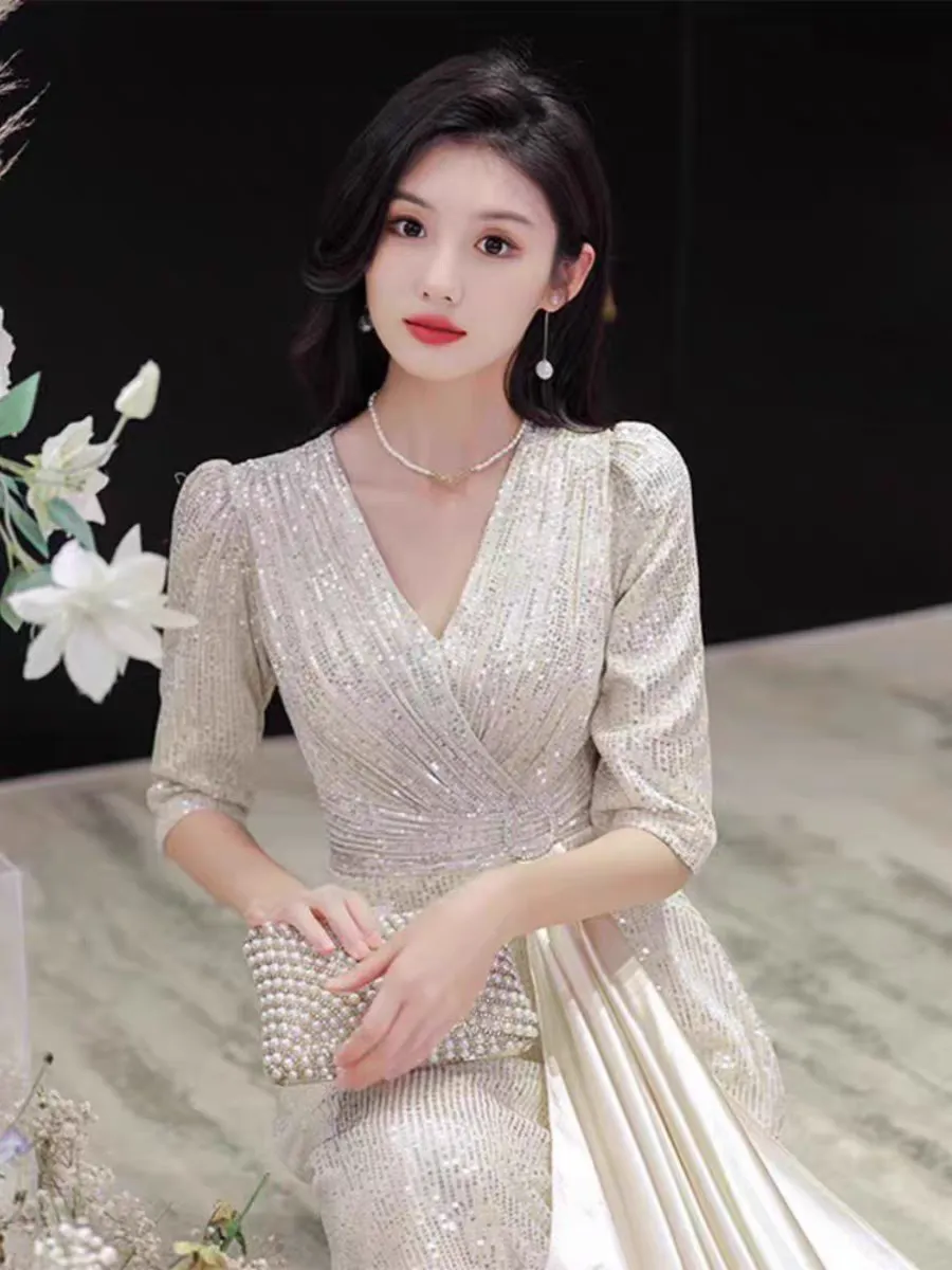 EG-SALE-AME-00216 Annual meeting evening dress new style light luxury niche high-end temperament company banquet host high-end dress