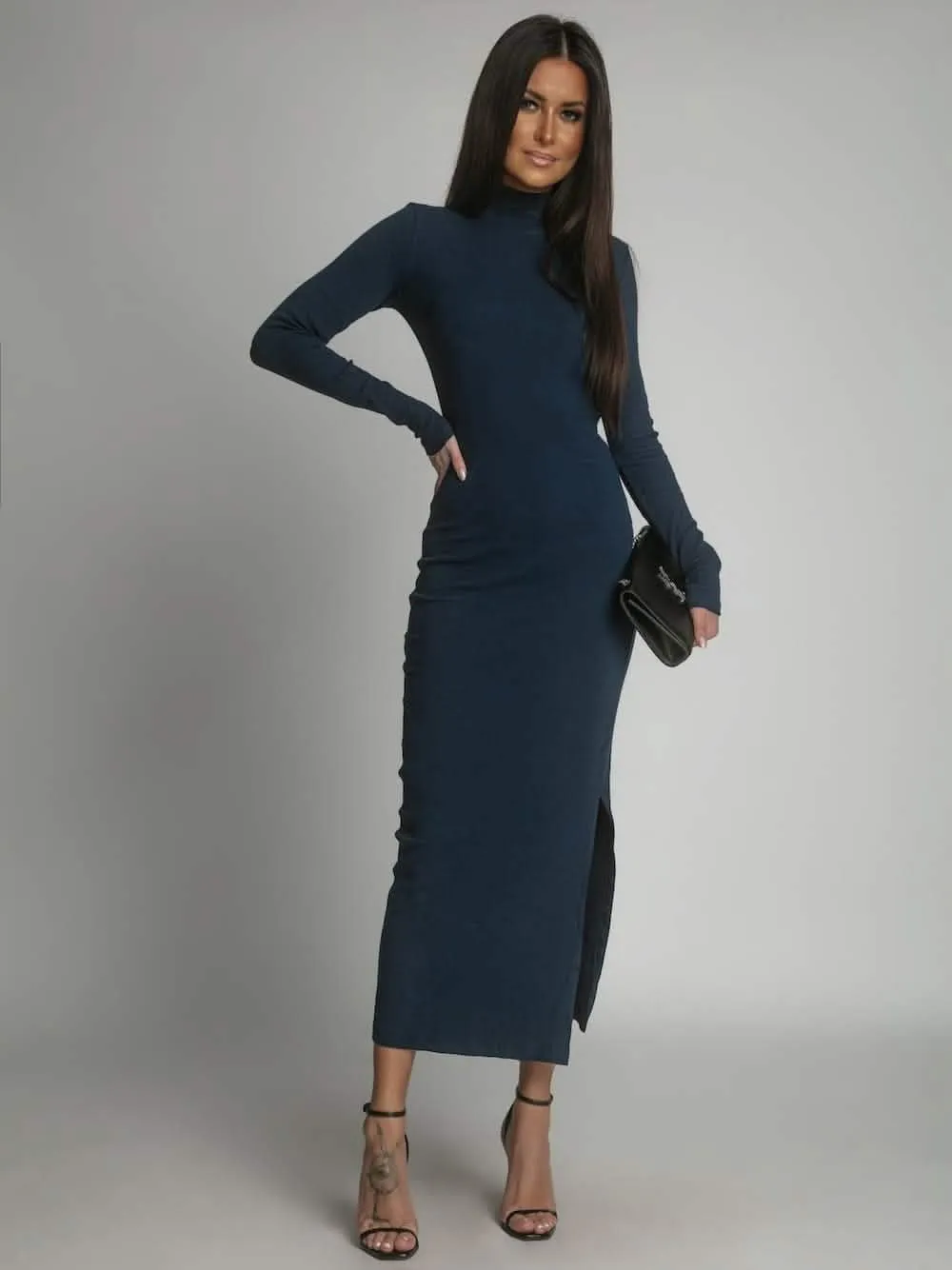 Elegant Navy Blue Ribbed Cotton Turtleneck Maxi Dress
