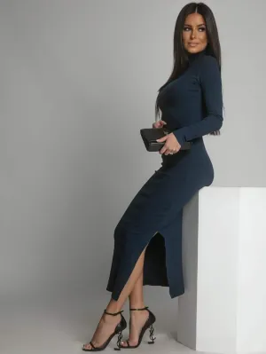 Elegant Navy Blue Ribbed Cotton Turtleneck Maxi Dress
