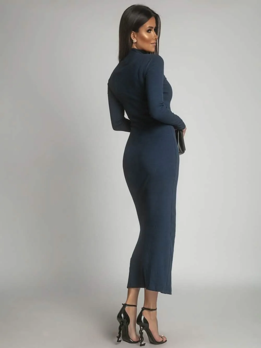 Elegant Navy Blue Ribbed Cotton Turtleneck Maxi Dress