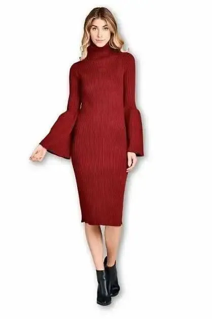 Elegantly Designed Turtleneck Knit Dress with Stylish Flared Sleeves