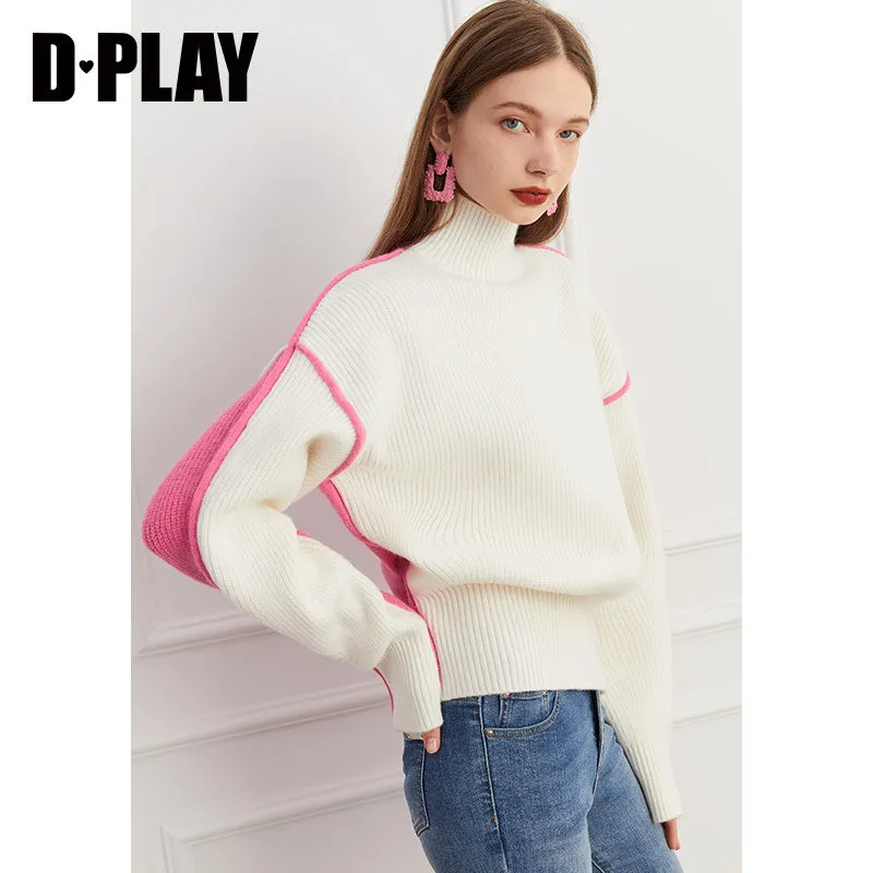 Fall autumn turtleneck contrast pink white colorblock loose sweater - Daniq