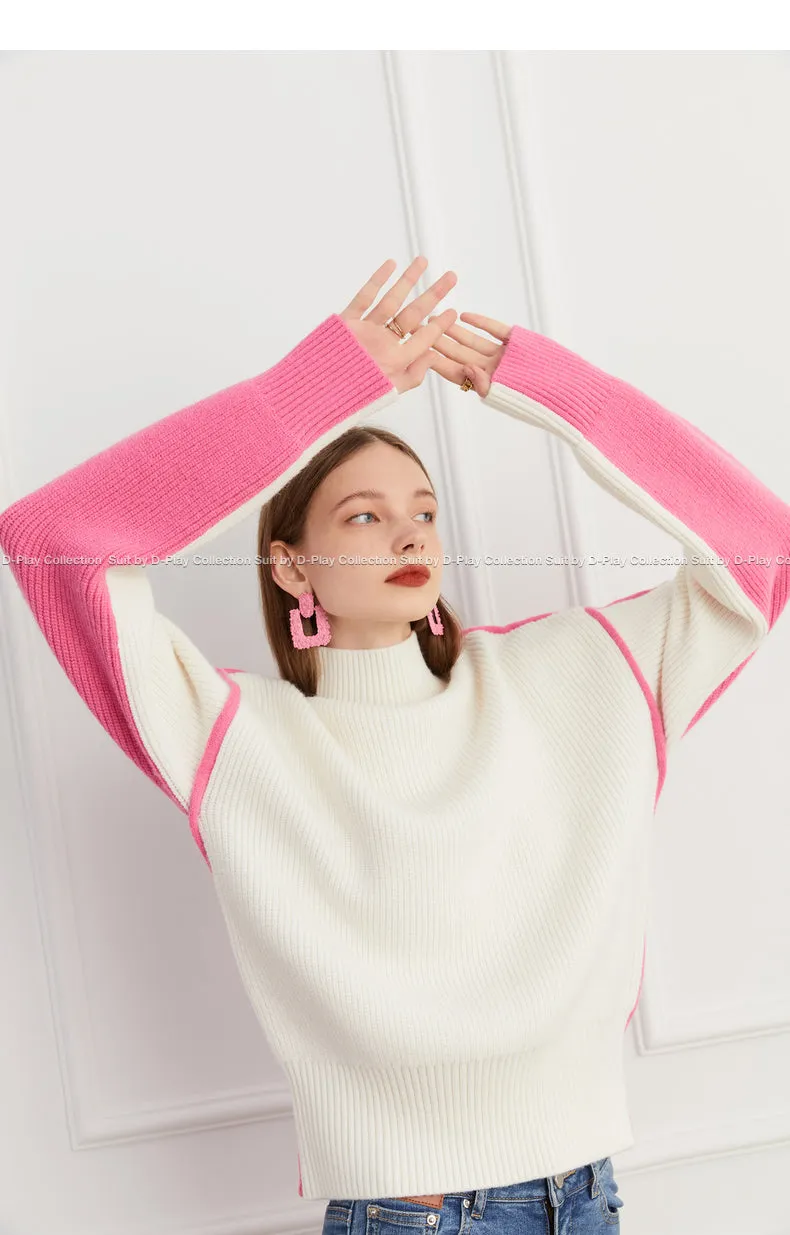Fall autumn turtleneck contrast pink white colorblock loose sweater - Daniq