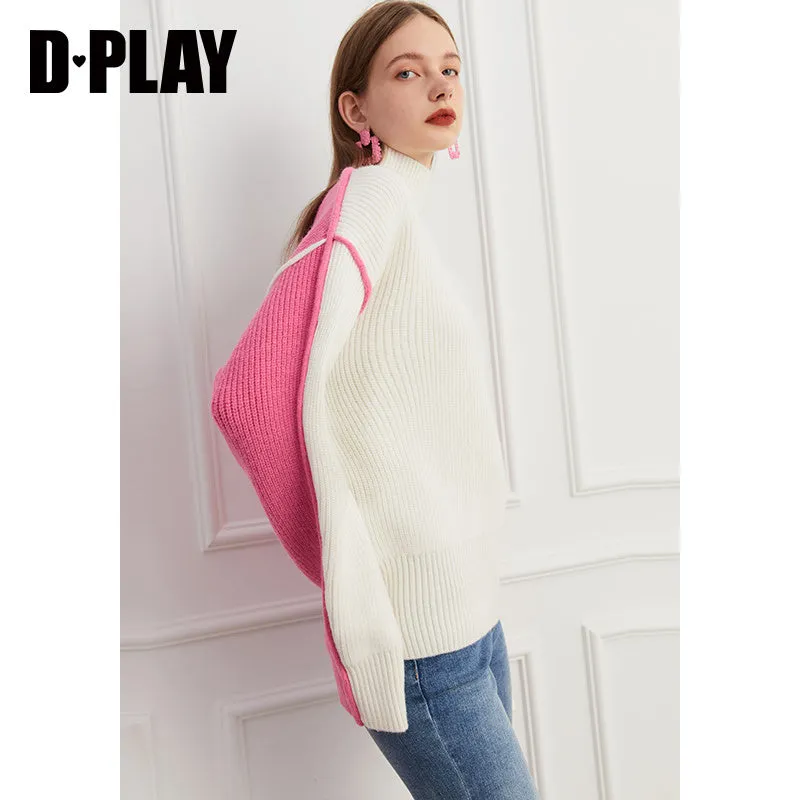 Fall autumn turtleneck contrast pink white colorblock loose sweater - Daniq