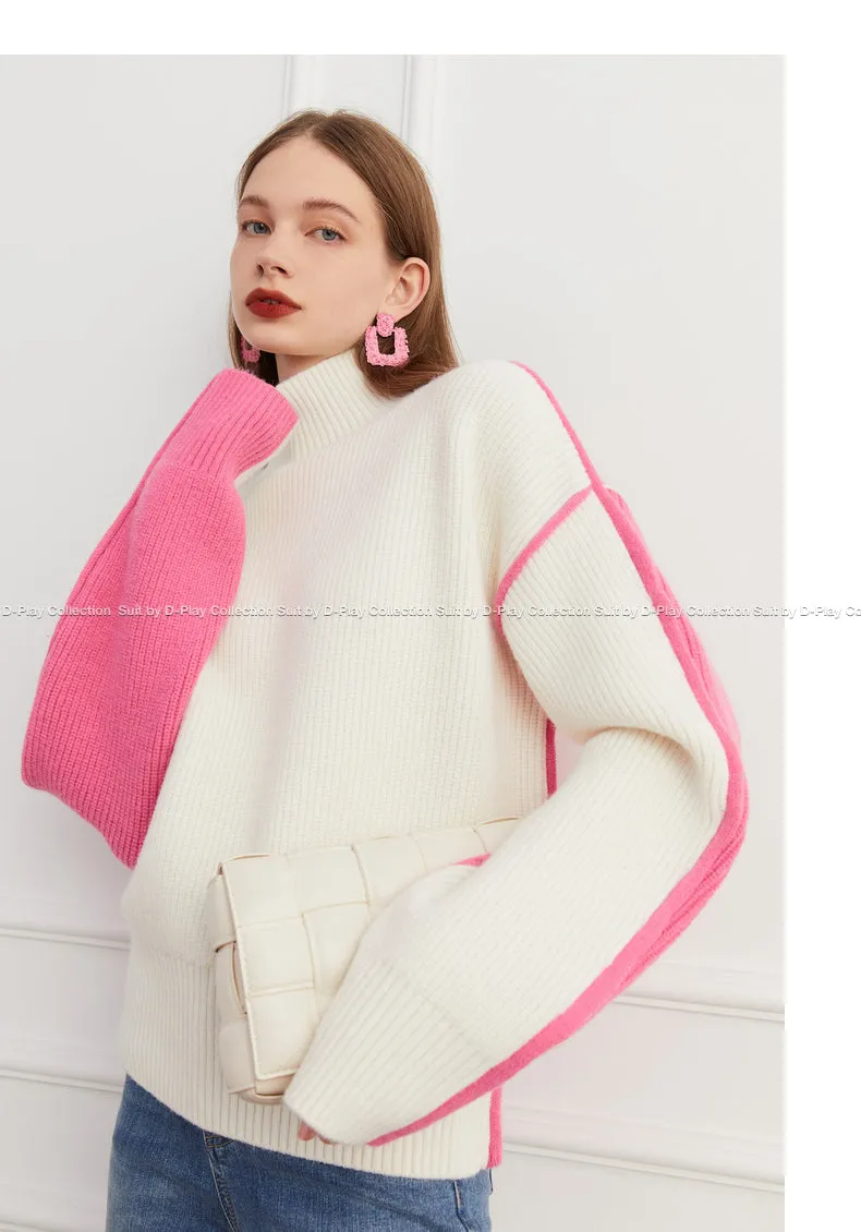 Fall autumn turtleneck contrast pink white colorblock loose sweater - Daniq