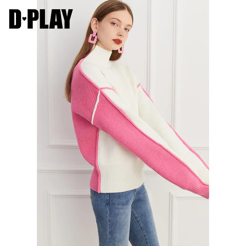 Fall autumn turtleneck contrast pink white colorblock loose sweater - Daniq