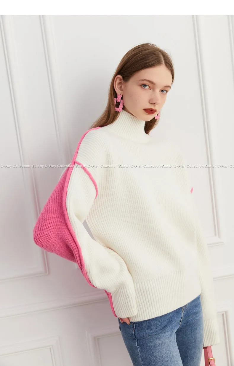 Fall autumn turtleneck contrast pink white colorblock loose sweater - Daniq