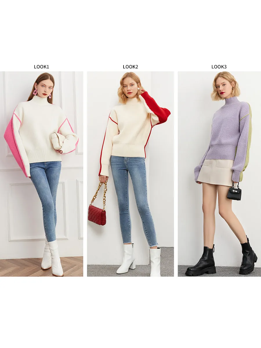 Fall autumn turtleneck contrast pink white colorblock loose sweater - Daniq