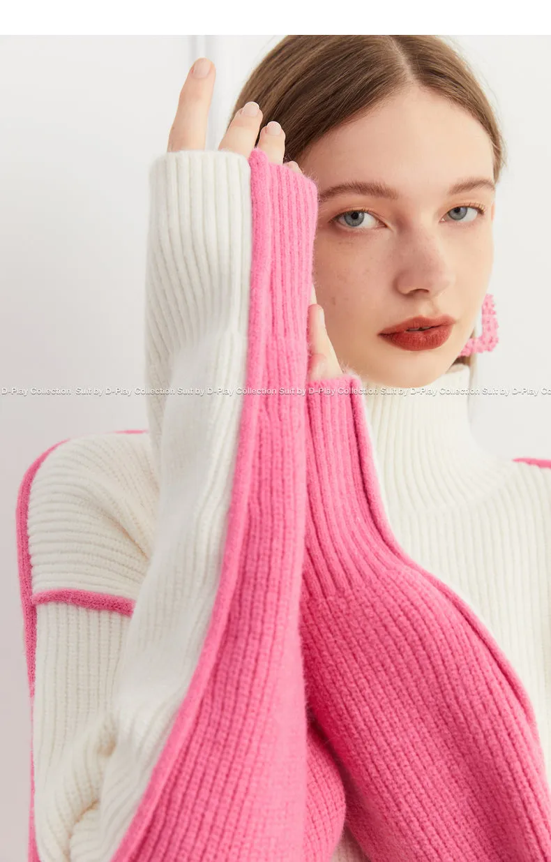 Fall autumn turtleneck contrast pink white colorblock loose sweater - Daniq