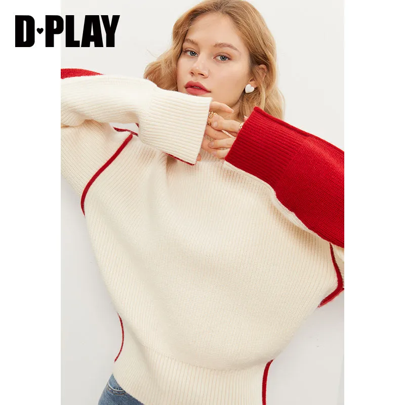 Fall autumn turtleneck contrast pink white colorblock loose sweater - Daniq