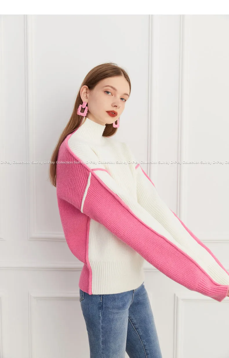 Fall autumn turtleneck contrast pink white colorblock loose sweater - Daniq