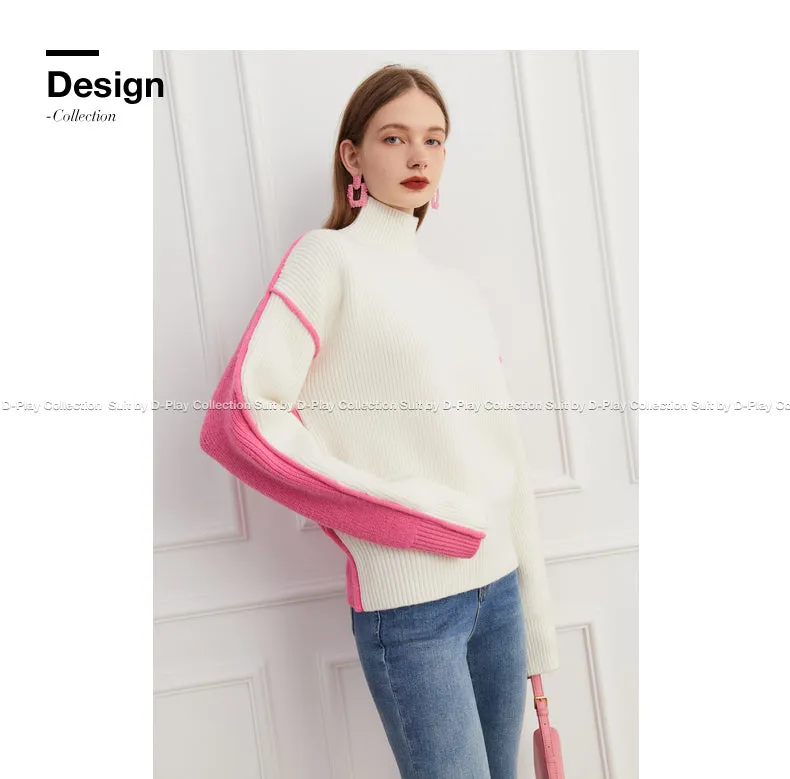 Fall autumn turtleneck contrast pink white colorblock loose sweater - Daniq