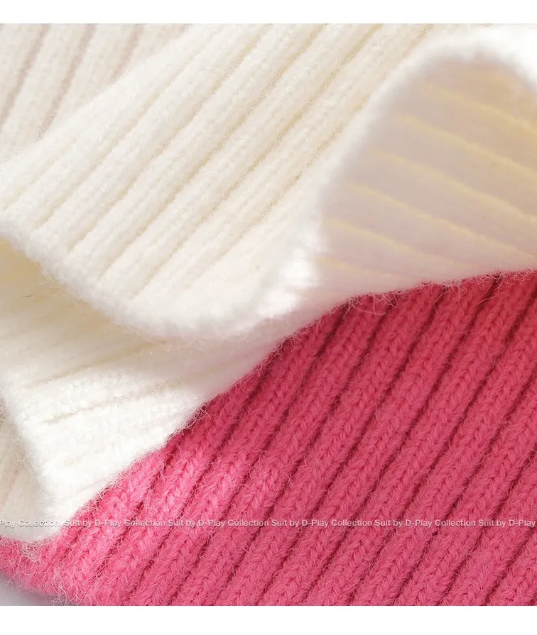 Fall autumn turtleneck contrast pink white colorblock loose sweater - Daniq