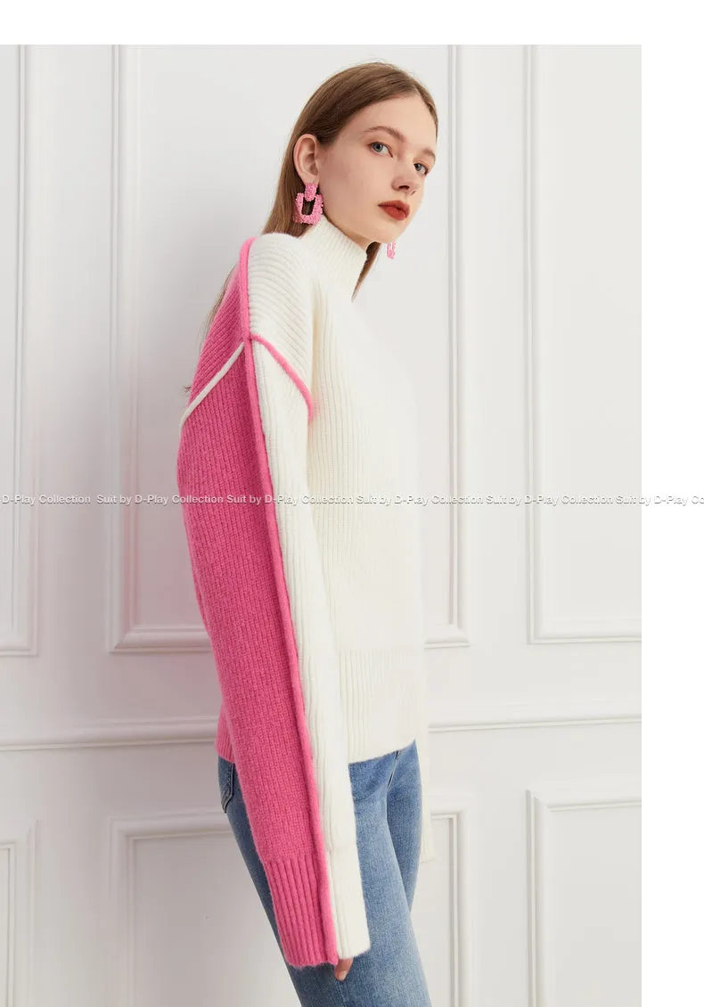 Fall autumn turtleneck contrast pink white colorblock loose sweater - Daniq