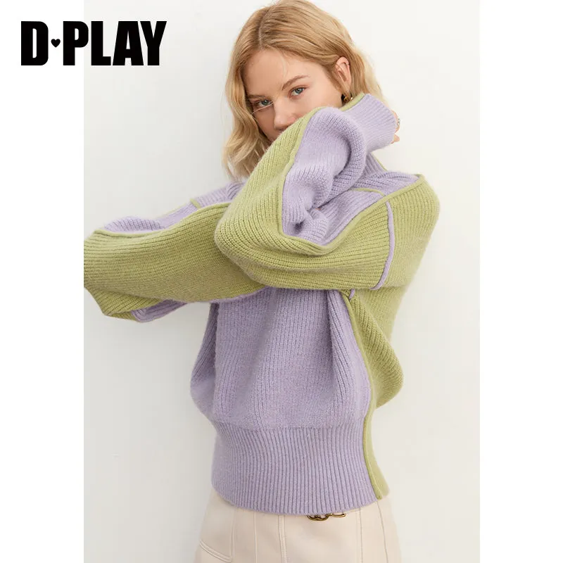 Fall autumn turtleneck contrast pink white colorblock loose sweater - Daniq