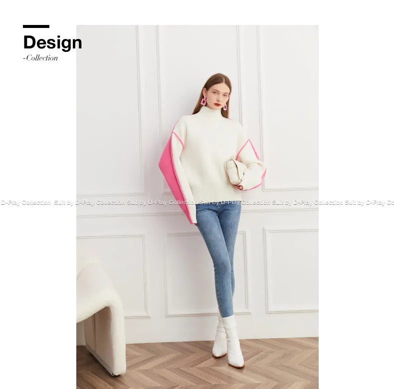 Fall autumn turtleneck contrast pink white colorblock loose sweater - Daniq