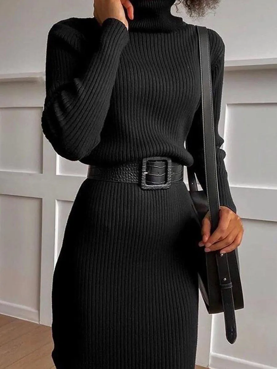Fashion Casual Knitted Turtleneck Midi Dress