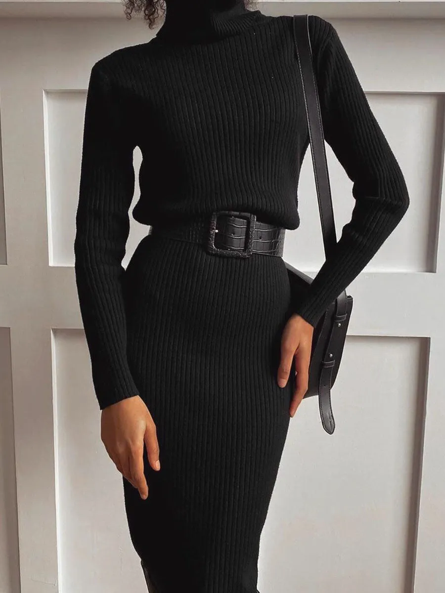 Fashion Casual Knitted Turtleneck Midi Dress