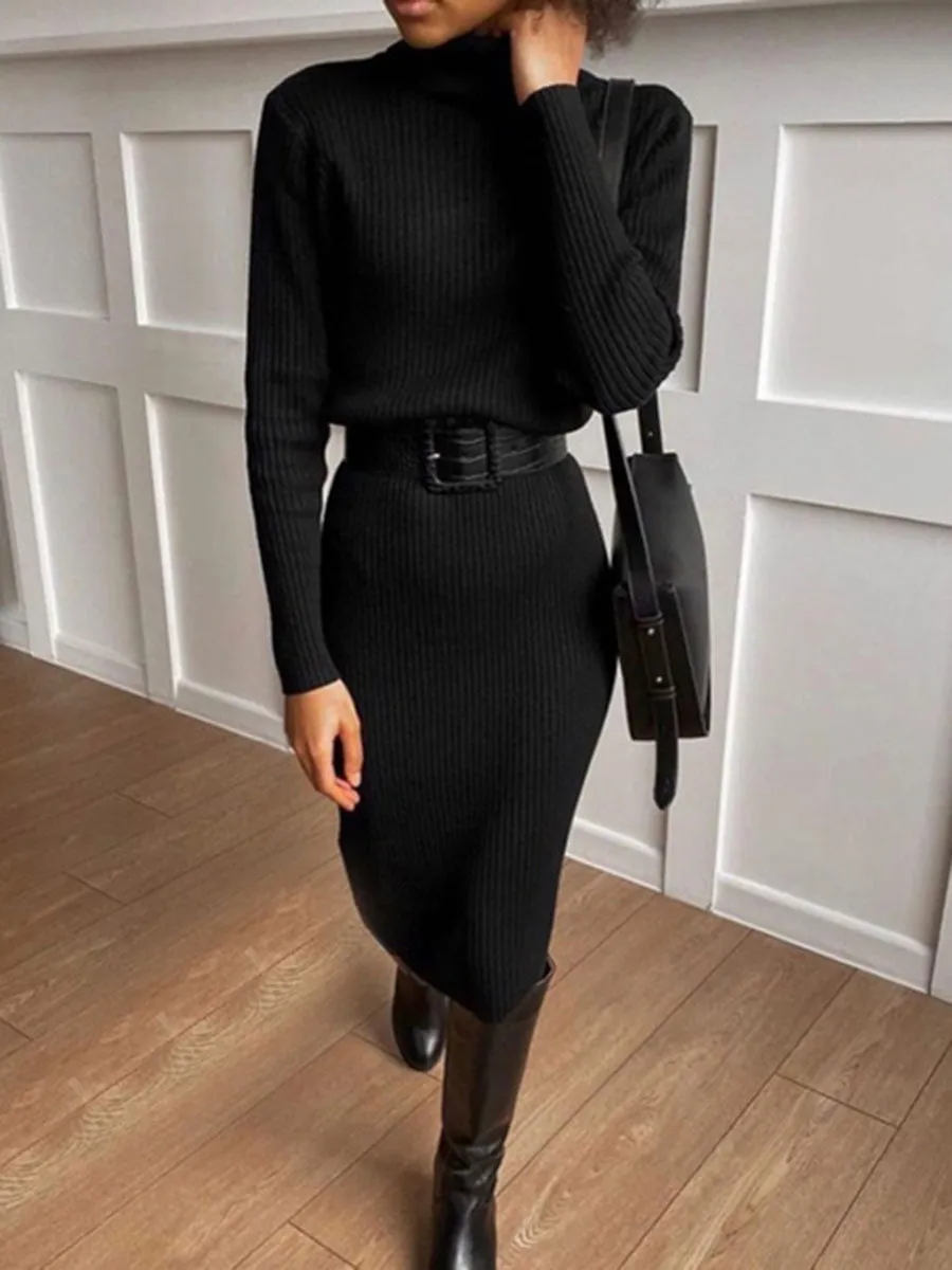 Fashion Casual Knitted Turtleneck Midi Dress
