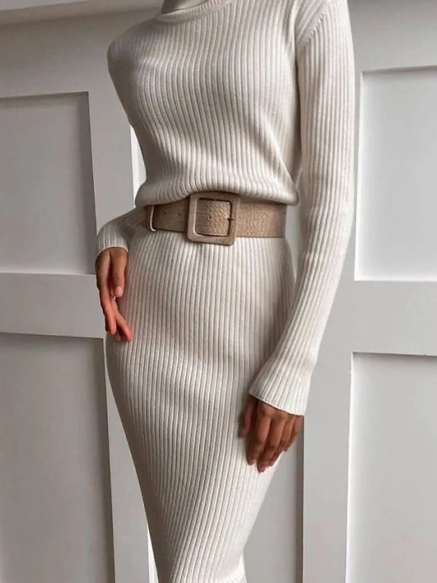 Fashion Casual Knitted Turtleneck Midi Dress
