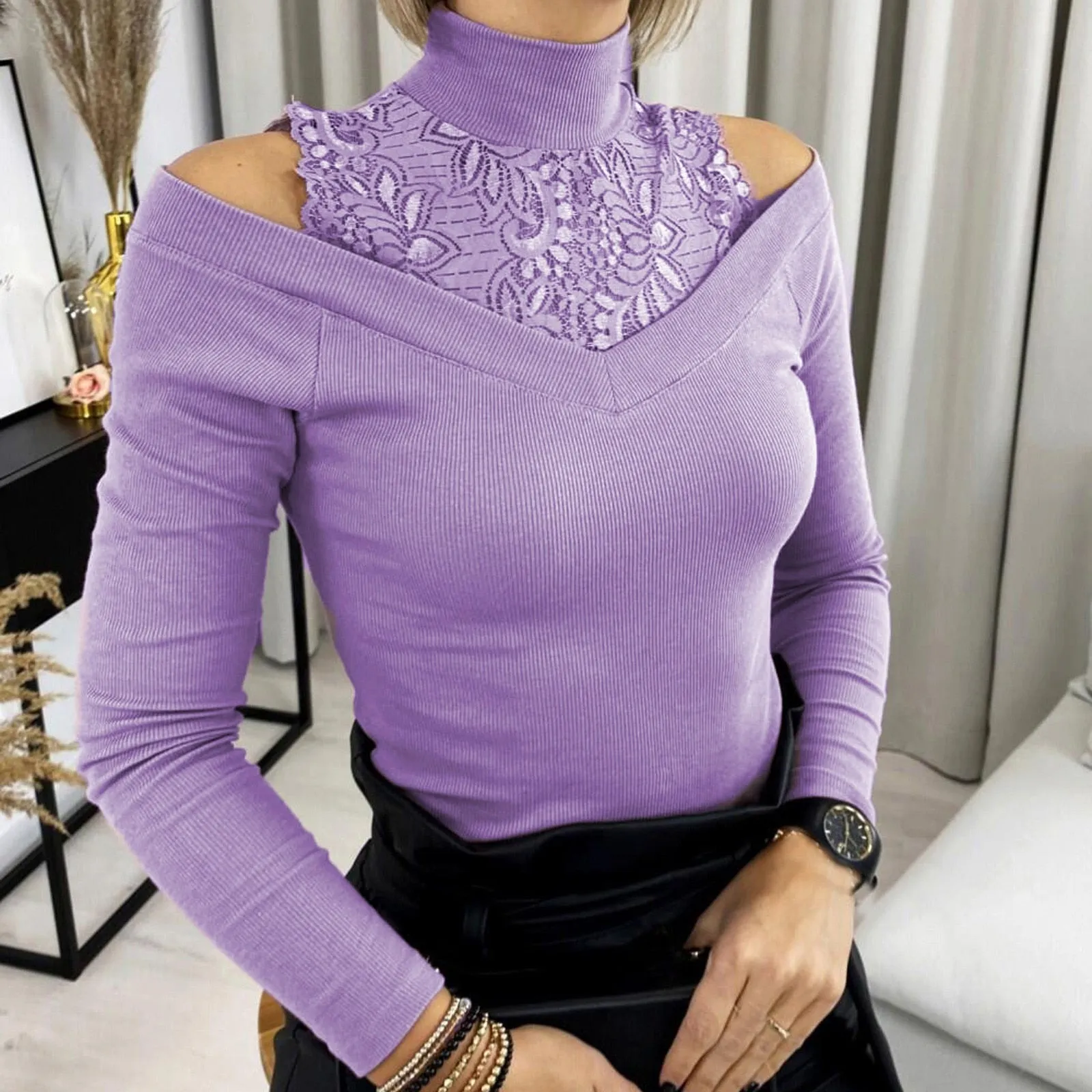 Fashion Lace Patchwork Blouse Shirt Cold Shoulder Turtleneck Tops Tee Casual Ladies Top Female Women Long Sleeve Blusas Pullover