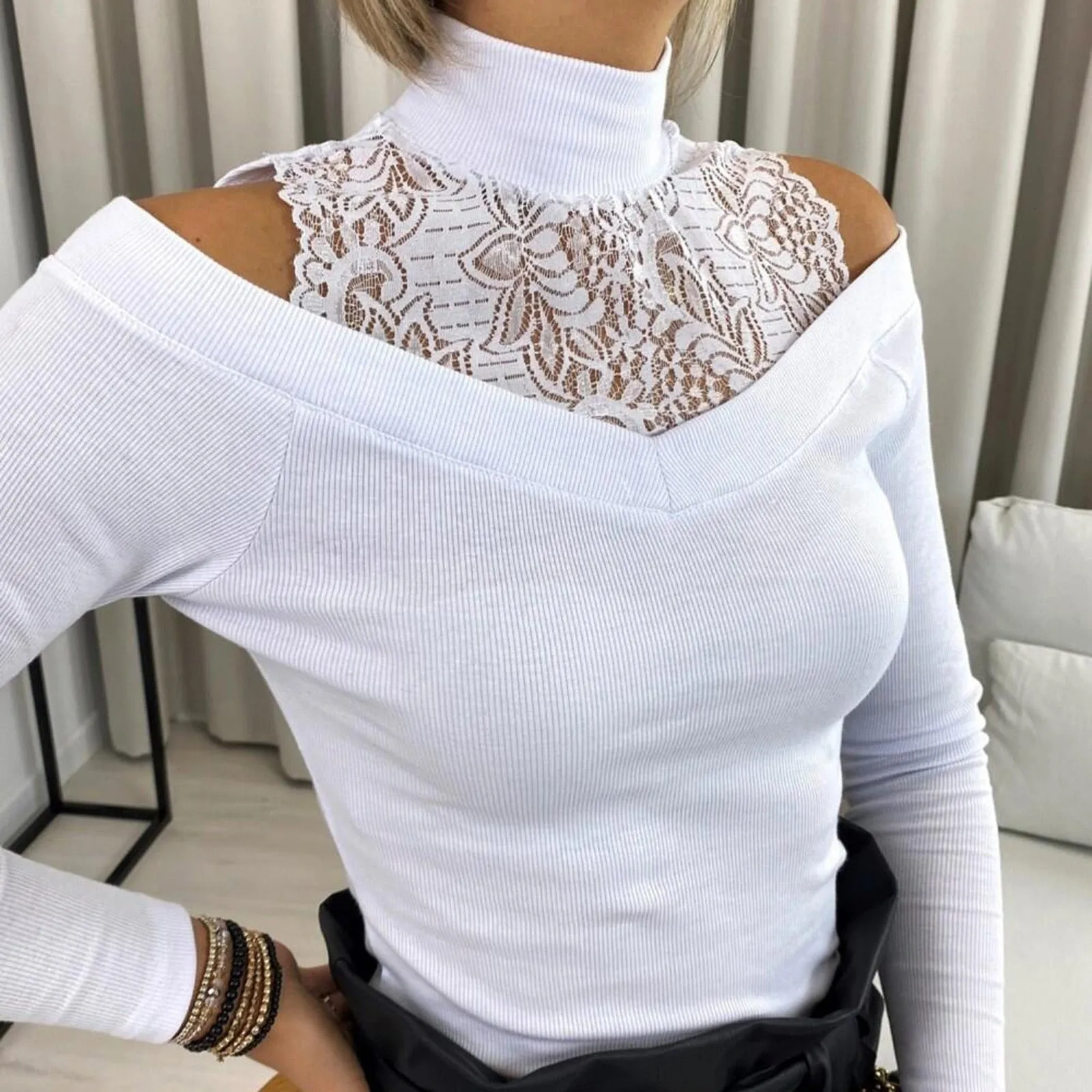 Fashion Lace Patchwork Blouse Shirt Cold Shoulder Turtleneck Tops Tee Casual Ladies Top Female Women Long Sleeve Blusas Pullover