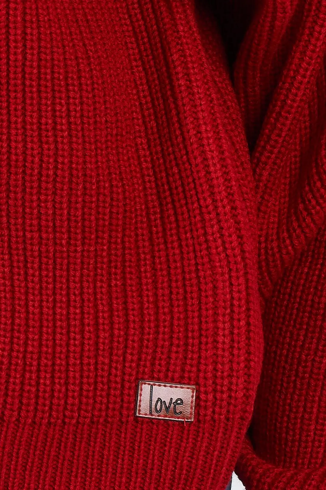 Fire Red "LOVE" Graphic Oversized Dolman Sleeve Shoulder Cutout Loose Fit Turtleneck Sweater /2-2-2-2