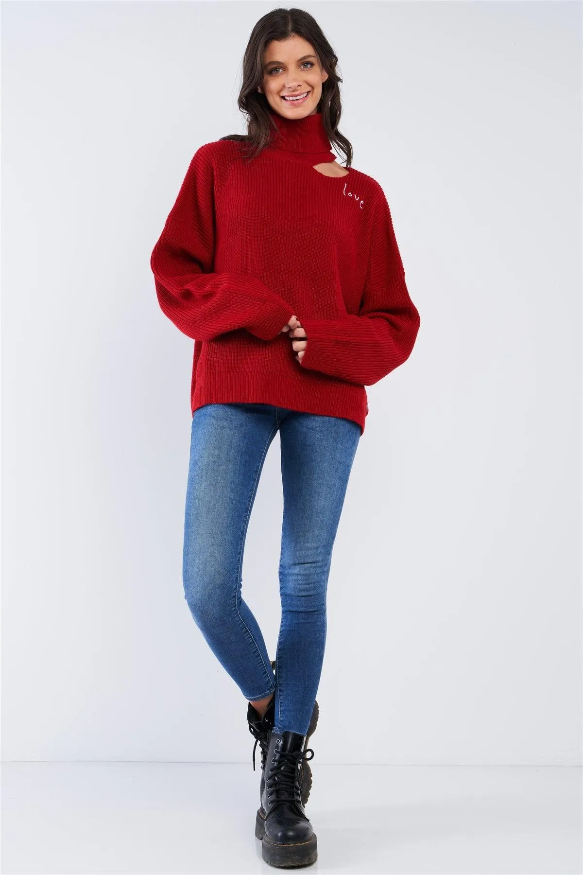 Fire Red "LOVE" Graphic Oversized Dolman Sleeve Shoulder Cutout Loose Fit Turtleneck Sweater /2-2-2-2