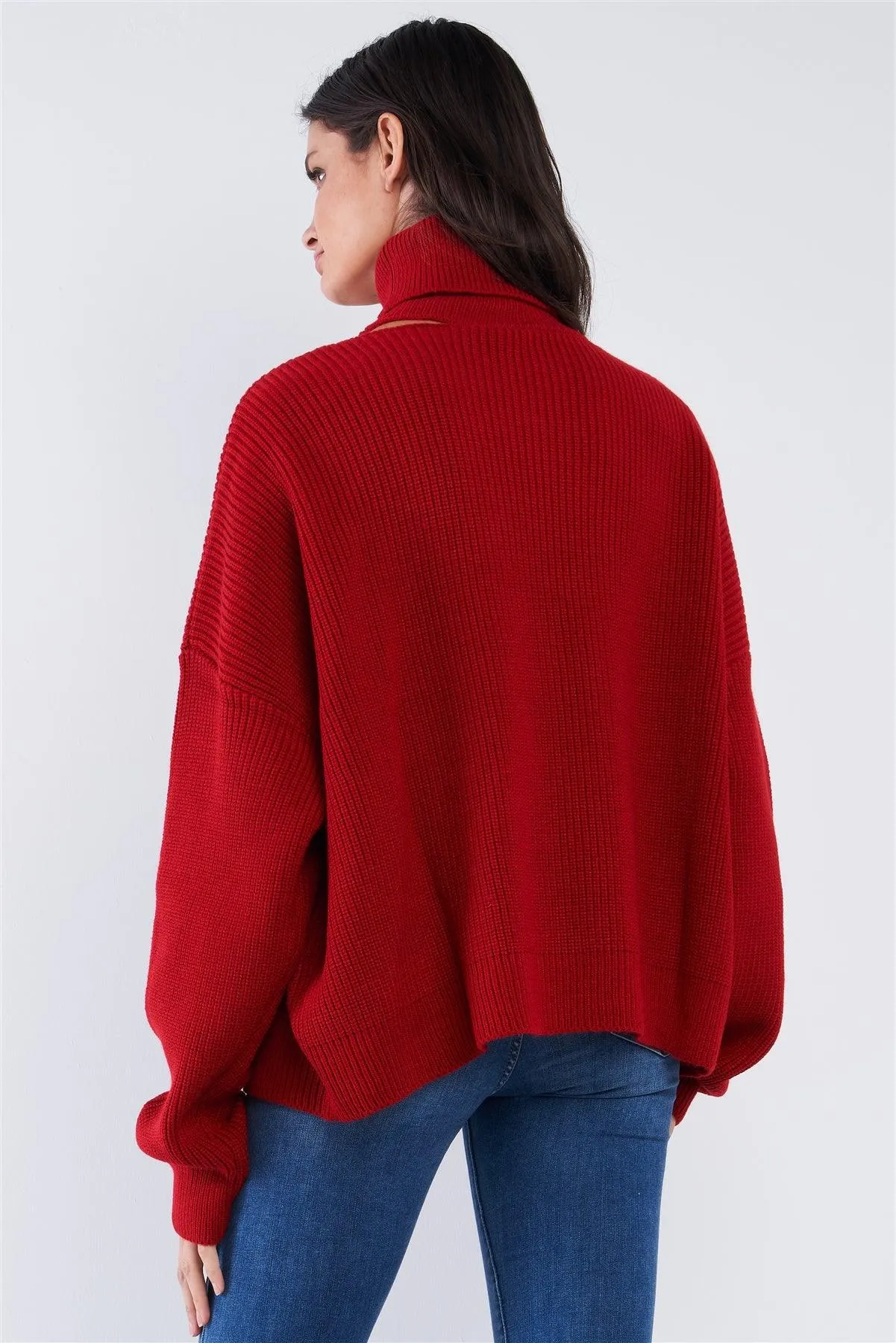 Fire Red "LOVE" Graphic Oversized Dolman Sleeve Shoulder Cutout Loose Fit Turtleneck Sweater /2-2-2-2