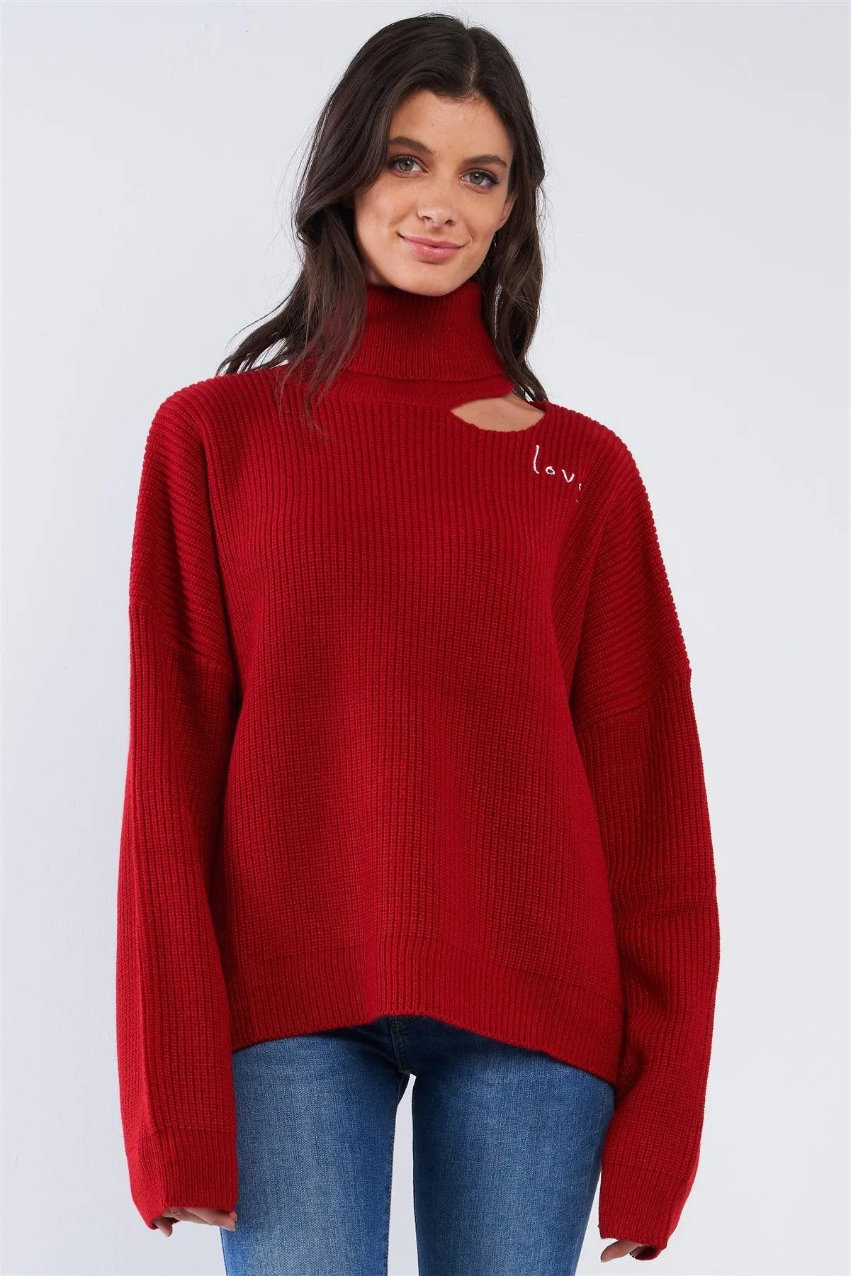 Fire Red "LOVE" Graphic Oversized Dolman Sleeve Shoulder Cutout Loose Fit Turtleneck Sweater /2-2-2-2